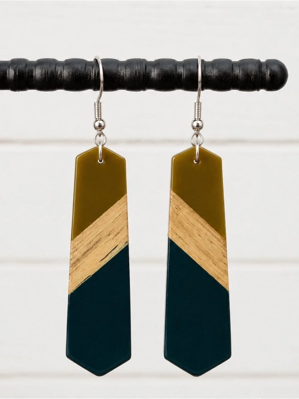 🖤 Geometric Olive & Teal Wood Inlay Drop Earrings - Women Jewelry